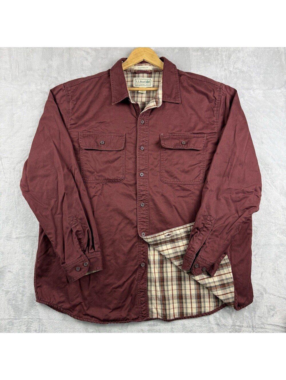 VTG L.L.Bean Burgundy Flannel Lined Cotton Shirt Jacket Traditional Fit Men’s XL